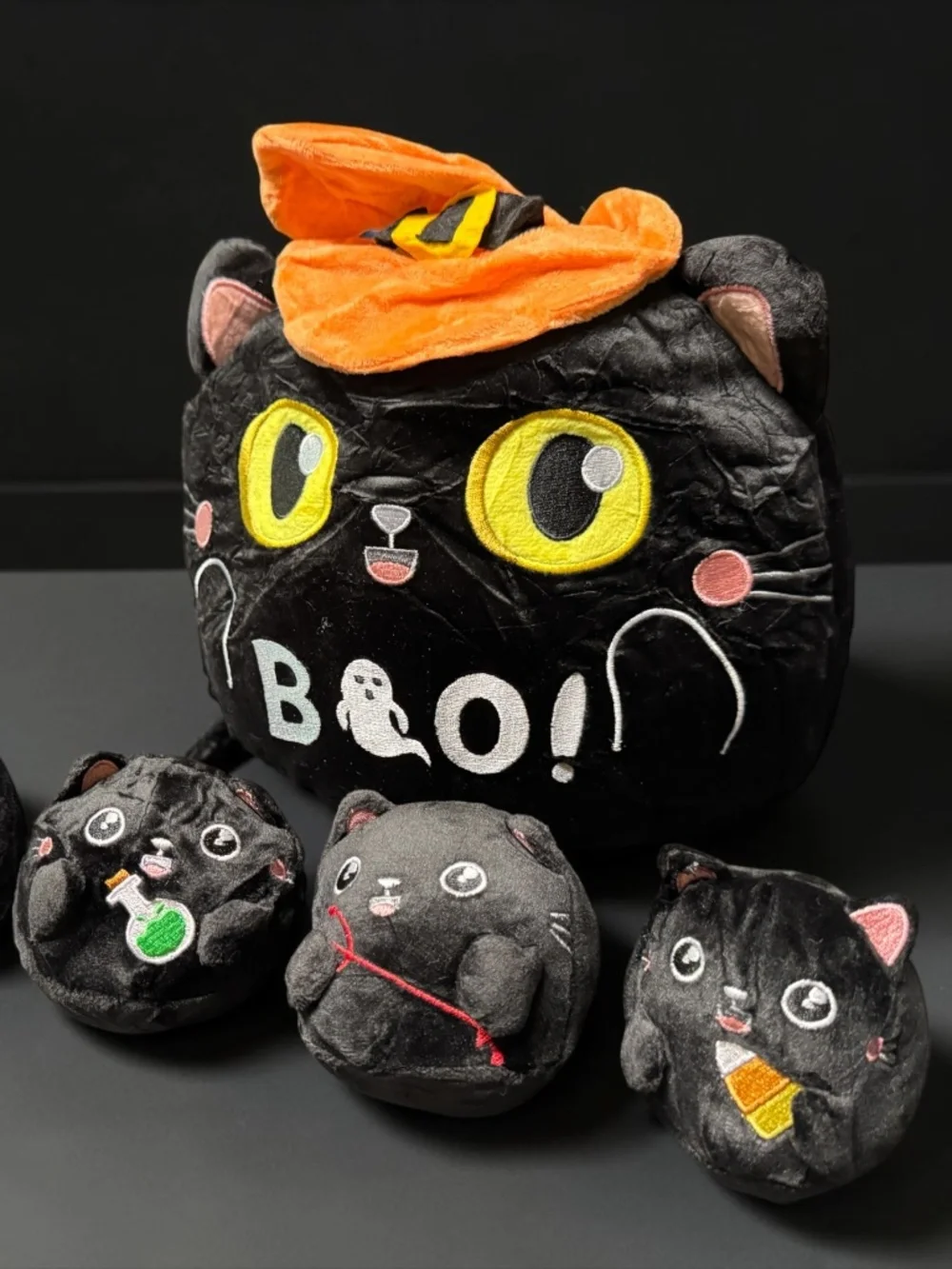 Halloween Black Cat Plush Hidden Baby Cats Squishy Plush NWT